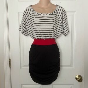 Forever 21 Dress Rouched Skirt Bottom Striped Bodycon Black Red White M